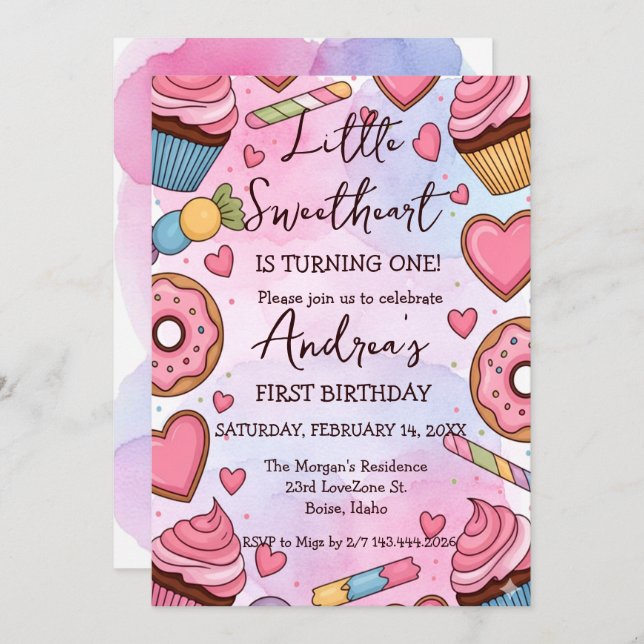 Tarjeta Festiva Little Sweetheart is Turning One Valentines Birth (Anverso / Reverso)