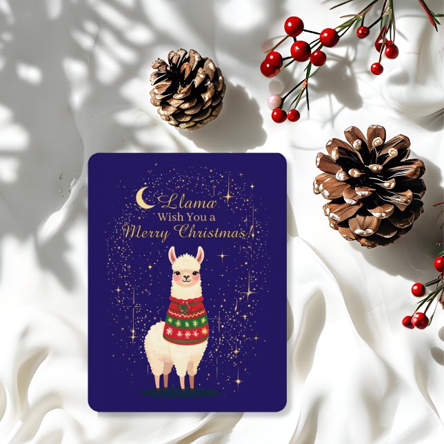 Tarjeta Festiva Llama Adorable con Jersey Navideño de Estrellas (Subido por el creador)