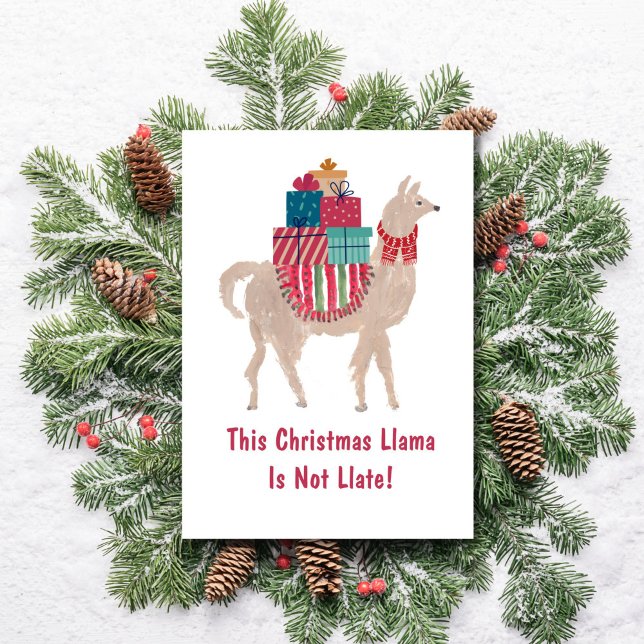 Tarjeta Festiva Llama Alpaca Divertida Única Llegada Tarde Navideñ (This hand-illustrated llama Christmas card reads: "This Christmas Llama is not late!")