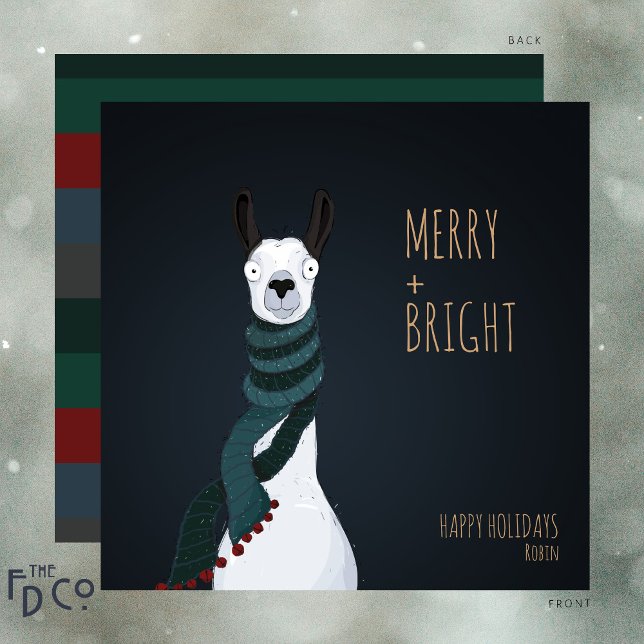 Tarjeta Festiva Llama “Merry + Bright” Loco Adorable (Subido por el creador)