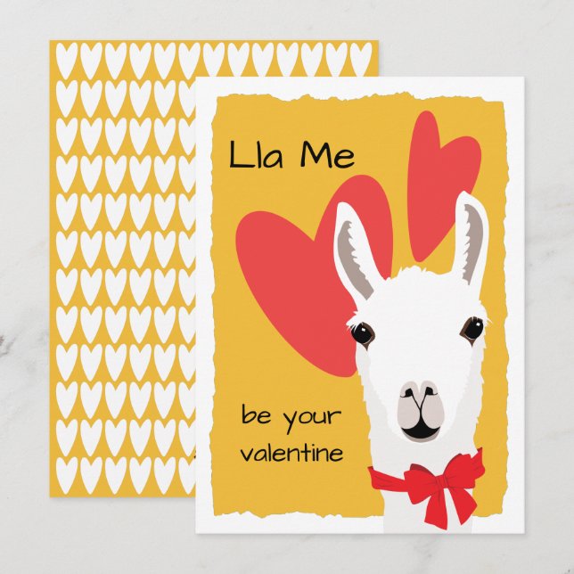 Tarjeta Festiva Llama Red Hearts Mustard-Lla Me es tu valentina (Anverso / Reverso)