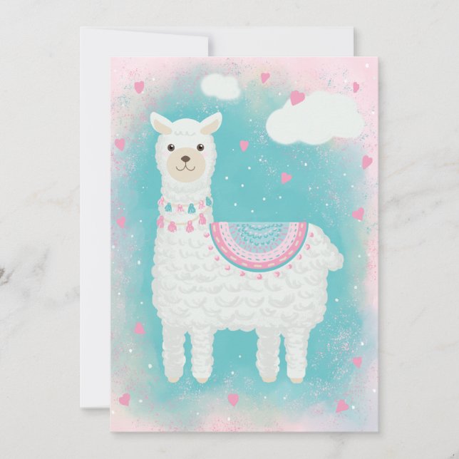 Tarjeta Festiva Llama rosa y menta suave (Anverso)