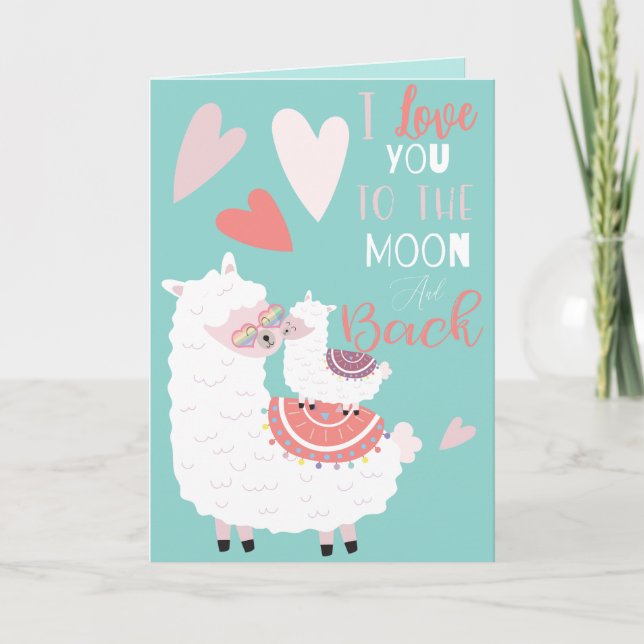 Tarjeta Festiva Llama Te quiero a la luna de San Valentín (Anverso)