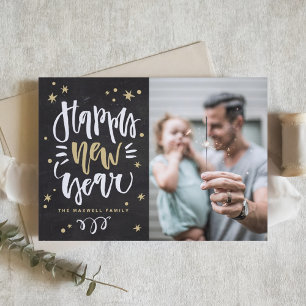 Tarjeta Festiva Llamada Caligrafía Pizarra Foto Feliz Año Nuevo