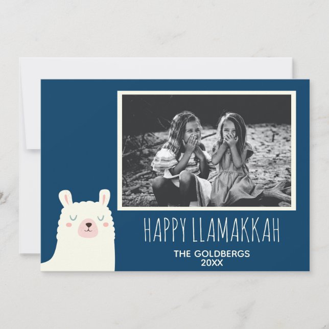 Tarjeta Festiva Llamakkah Blue Hanukkah Llama Cute Photo (Anverso)