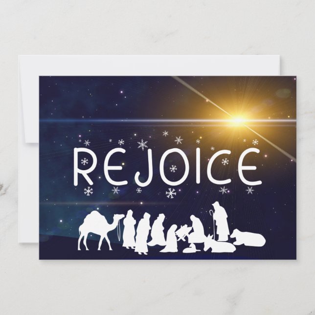 Tarjeta Festiva Llanura de Natividad de Navidades REJOICE (Anverso)