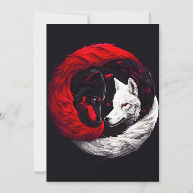 Tarjeta Festiva Lobo blanco rojo de la luna (Anverso)