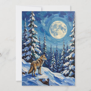 Tarjeta Festiva Lobo Vintage en Bosque Invernal bajo la Luz de la 