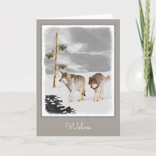 Tarjeta Festiva Lobos en pintura de nieve - Arte de vida salvaje o (Anverso)