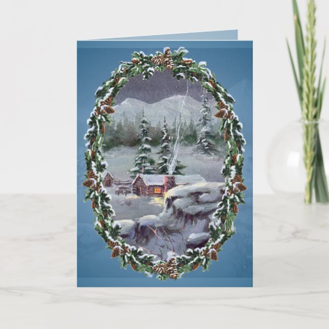 Tarjeta Festiva LOG CABIN & FIR BOUGHS de SHARON SHARPE (Anverso)