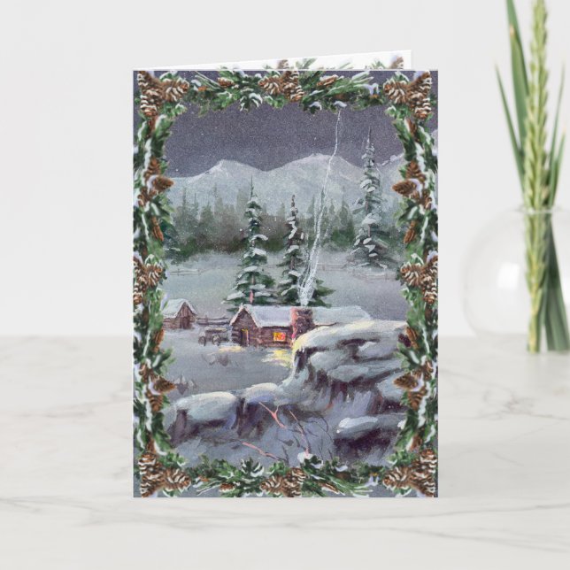 Tarjeta Festiva LOG CABIN & FIR BOUGHS de SHARON SHARPE (Anverso)