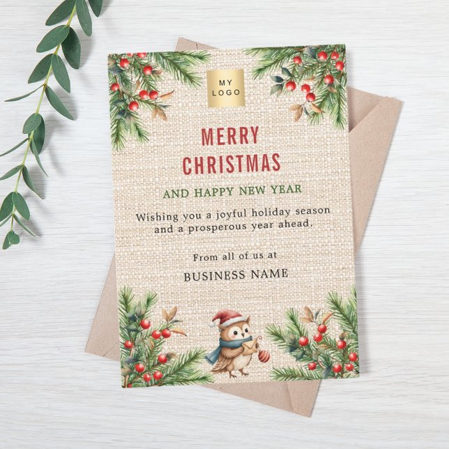 Tarjeta Festiva Logo de negocios Navidades beige burlap pine lindo (Subido por el creador)