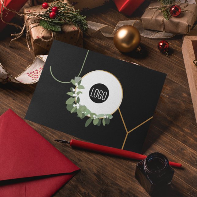 Tarjeta Festiva Logo de negocios Wreath Felices vacaciones Alegría (Modern JOY Corporate Holiday greeting folded card with logo and message.)