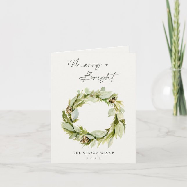 Tarjeta Festiva Logo de Winter Wreath Merry & Bright Navidades (Anverso)