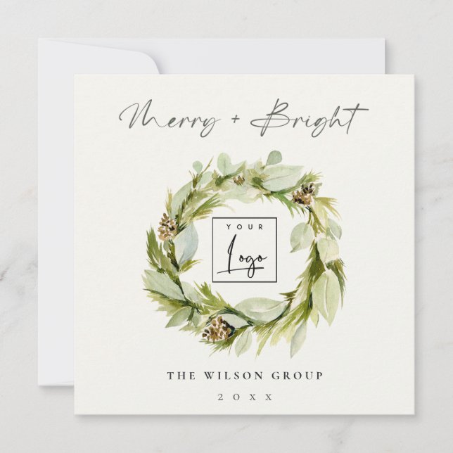 Tarjeta Festiva Logo de Winter Wreath Merry & Bright Navidades (Anverso)