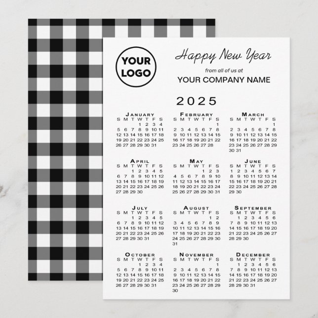 Tarjeta Festiva Logo del Calendario 2025 Black White Gingham (Anverso / Reverso)