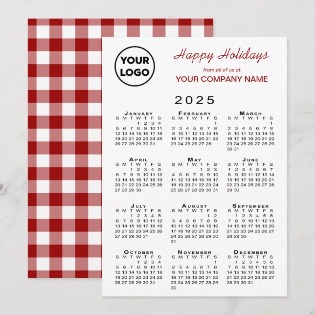 Tarjeta Festiva Logo del Calendario 2025 Red White Gingham (Anverso / Reverso)