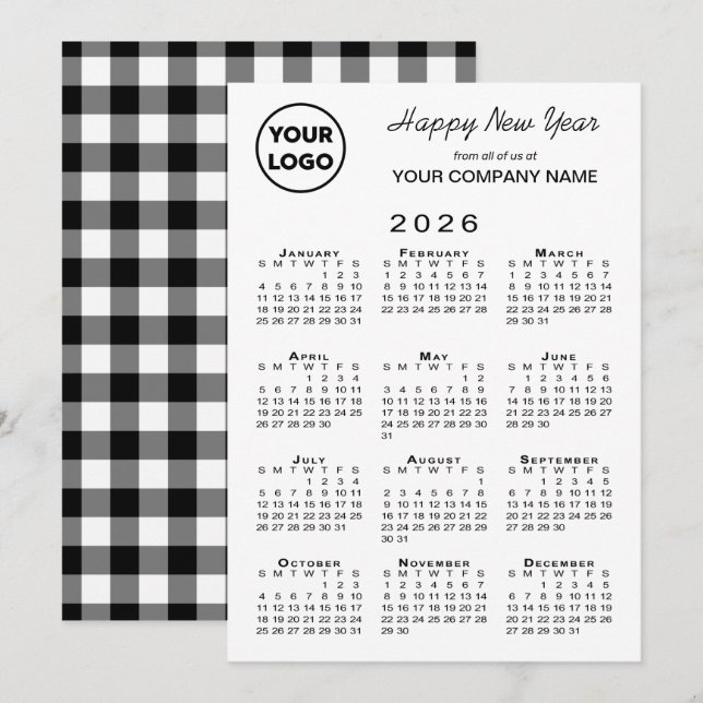 Tarjeta Festiva Logo del Calendario 2026 Black White Gingham (Anverso / Reverso)
