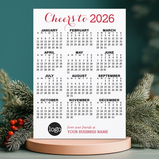 Tarjeta Festiva Logo del calendario de los negocios rojos (2026 Calendar on a Holiday Business Card)