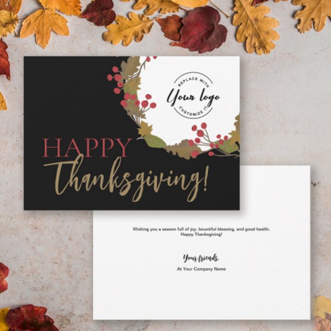 Tarjeta Festiva Logo del Personalizado de Acción de Gracias Feliz (Stylish black, red, green, brown Happy Thanksgiving custom business logo holiday card.
)