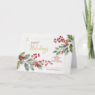 Tarjeta Festiva Logo Empresa Holly y Bayas Elegante