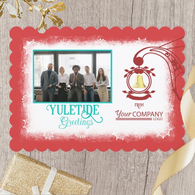 Tarjeta Festiva Logo rojo, foto de los Navidades de la Compañía Go (red company logo company Christmas card with gold bell, company photo, turquoise script writing)