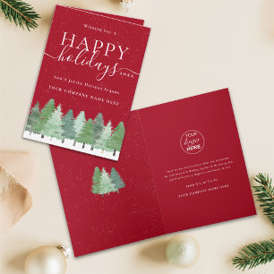 Tarjeta Festiva Logotipo de negocio Felices Fiestas Acuarela Bosqu