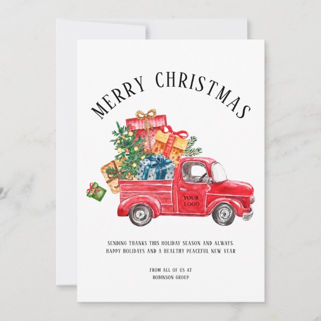 Tarjeta Festiva Logotipo de negocio Merry Christmas Tree Red Truck (Anverso)
