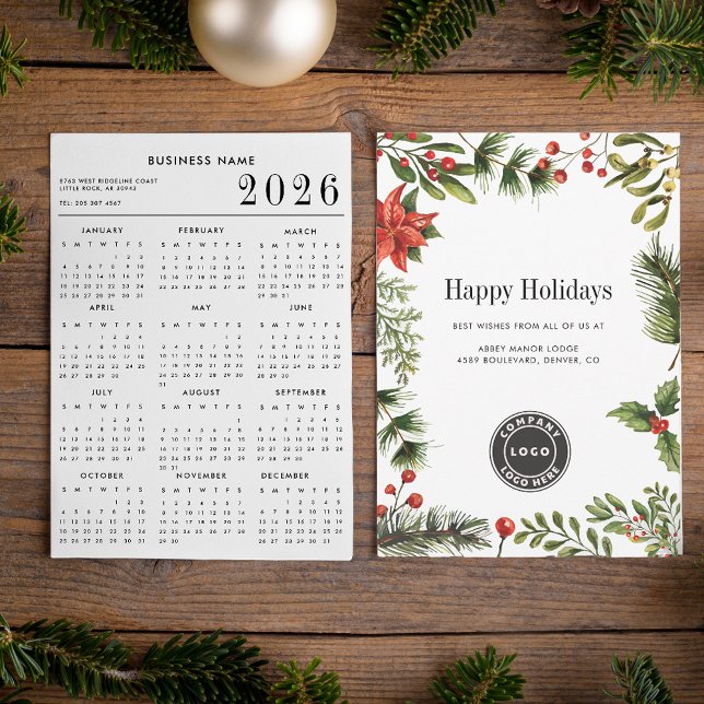Tarjeta Festiva Logotipo de negocios de vacaciones para navidades  (Christmas Holidays Business Logo and 2026 Calendar Holiday Card)