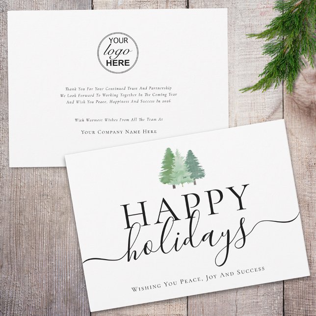 Tarjeta Festiva Logotipo de negocios moderno Happy Holidays Woodla (Modern watercolor woodland happy holiday business logo christmas card Whimsical elegant script)
