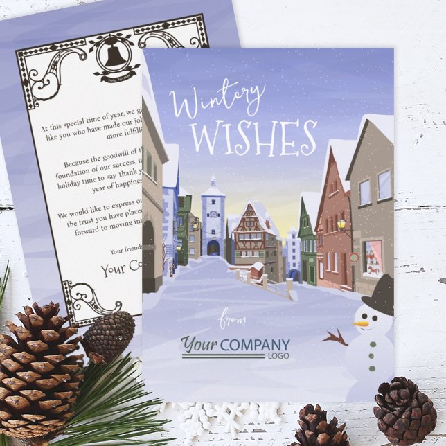 Tarjeta Festiva Logotipo de negocios nostálgico Navidades azul cla (Nostalgic Company Holiday Greeting Cards Rothenburg, German, old Bavarian Town)