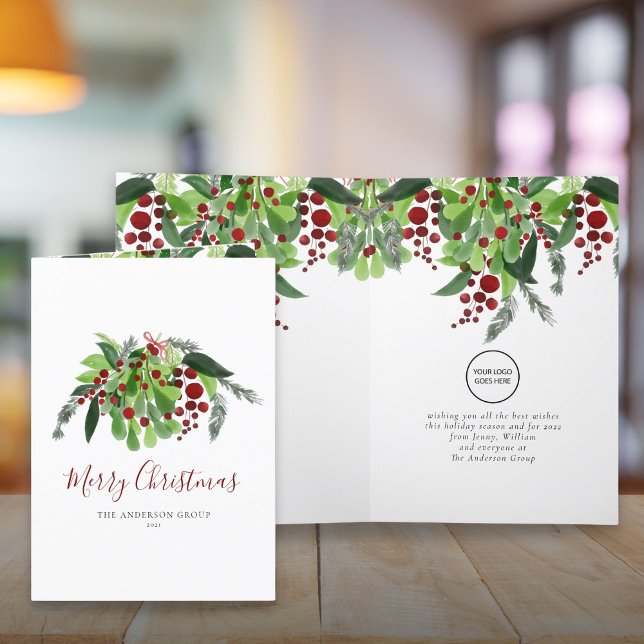 Tarjeta Festiva Logotipo empresarial bayas rojas vegetación Navida (Business Logo Red Berries Greenery Christmas Holiday Card)