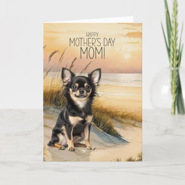 Tarjeta Festiva Long Hair Chihuahua Dog Sunset Beach Mother's Day (Anverso)