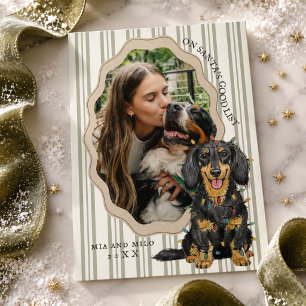 Tarjeta Festiva Longhair Dachshund en la Lista Buena de Santa