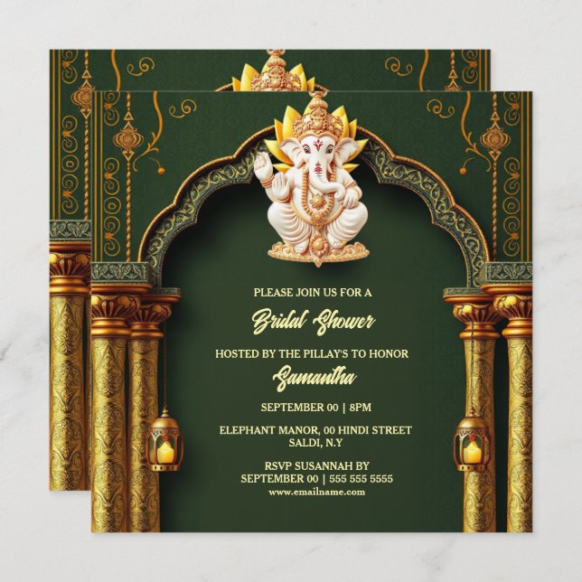 Tarjeta Festiva Lord Ganesh oro verde paisley moda elegante arco (Anverso / Reverso)