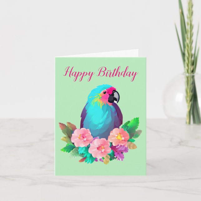 Tarjeta Festiva Loro tropical azul con flores tropicales (Anverso)