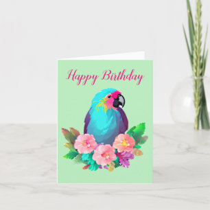 Tarjeta Festiva Loro tropical azul con flores tropicales
