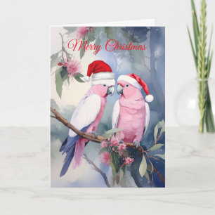 Tarjeta Festiva Loros Cacatúa Rosados Sombrero de Santa Feliz Navi