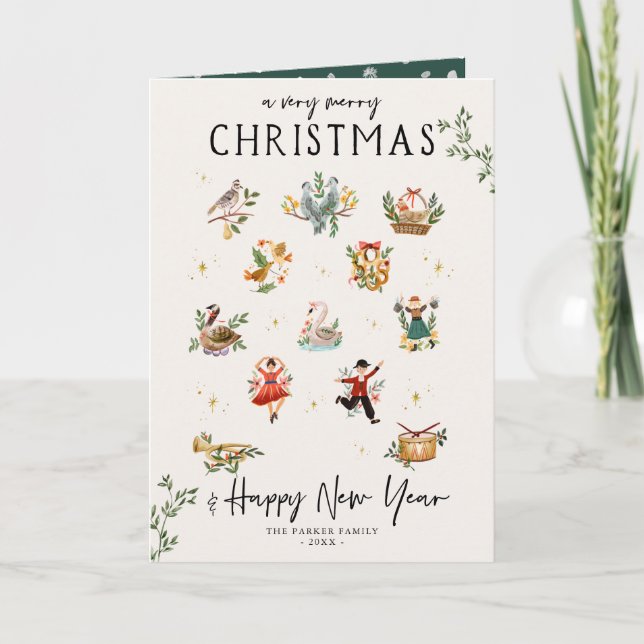 Tarjeta Festiva Los 12 días de Navidades | Festividad ilustrada (Anverso)