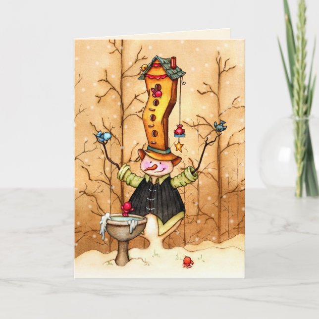 Tarjeta Festiva Los amigos del muñeco de nieve y del pájaro - (Anverso)