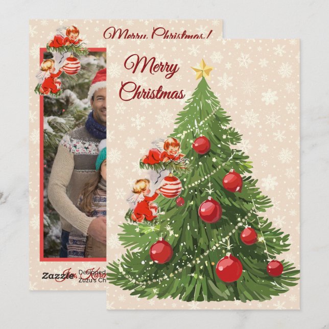 Tarjeta Festiva Los ángeles decoran el árbol | Crema (Anverso / Reverso)