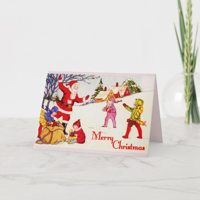 Tarjeta Festiva los años 20 Santa y niños que juegan en la nieve (Anverso)