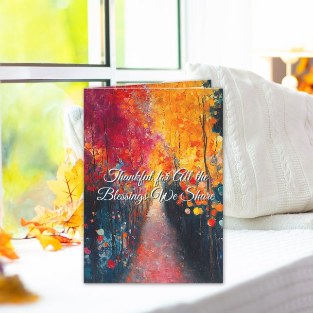 Tarjeta Festiva Los cálidos deseos y bendiciones del Día de Acción (Vibrant autumn artwork with heartfelt words — a perfect card to share Thanksgiving blessings.)