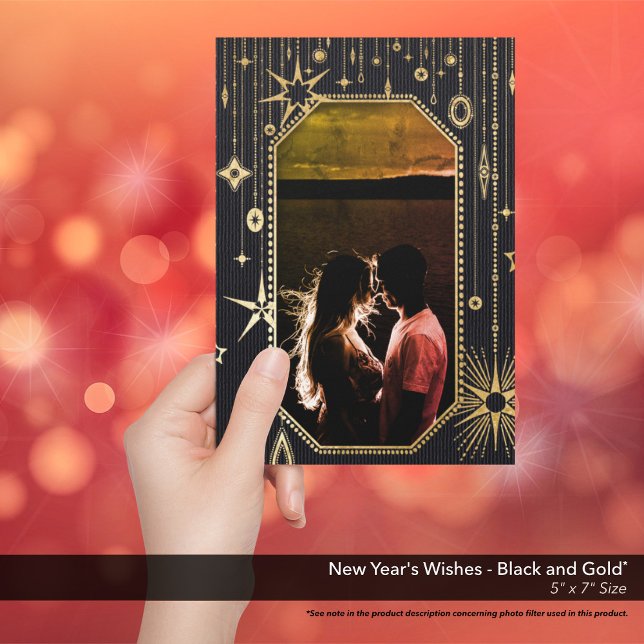 Tarjeta Festiva Los deseos de Año Nuevo: foto de oro negro (New Year's Wishes Black and Gold Holiday Card)