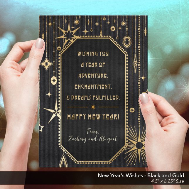Tarjeta Festiva Los deseos de Año Nuevo: foto de oro y negro (New Year's Wishes Black and Gold Holiday Card)