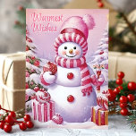 Tarjeta Festiva Los deseos más cálidos son un muñeco de nieve rosa<br><div class="desc">Envíe saludos cálidos de vacaciones con esta adorable carta que incluye a un muñeco de nieve vestido de rosa,  rodeado de árboles festivos y regalos. El mensaje "Los deseos más cálidos" agrega un toque más sincero,  perfecto para difundir alegría y alegría a amigos y familia esta temporada de fiestas.</div>