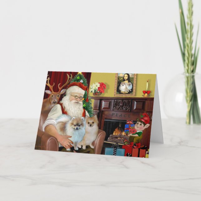Tarjeta Festiva Los dos pomeranianos de Santa (Anverso)