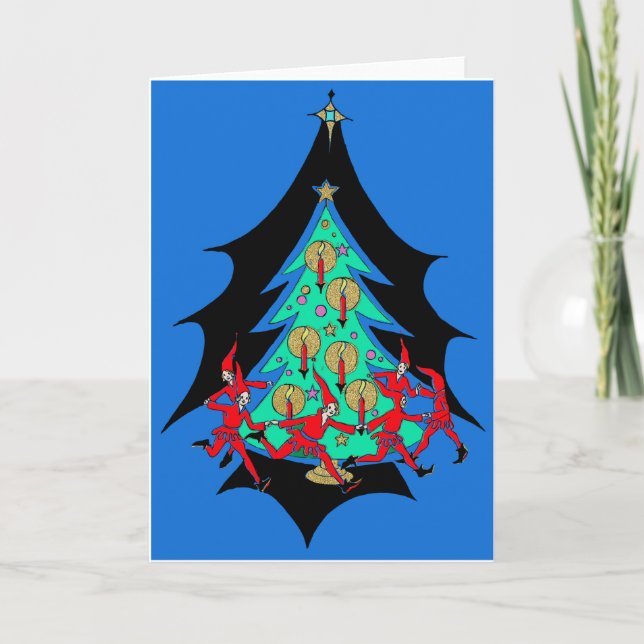 Tarjeta Festiva Los elfos de la época de 1920 merodeando el árbol (Anverso)