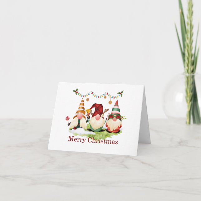 Tarjeta Festiva Los elfos de tres Navidades Gnome (Anverso)