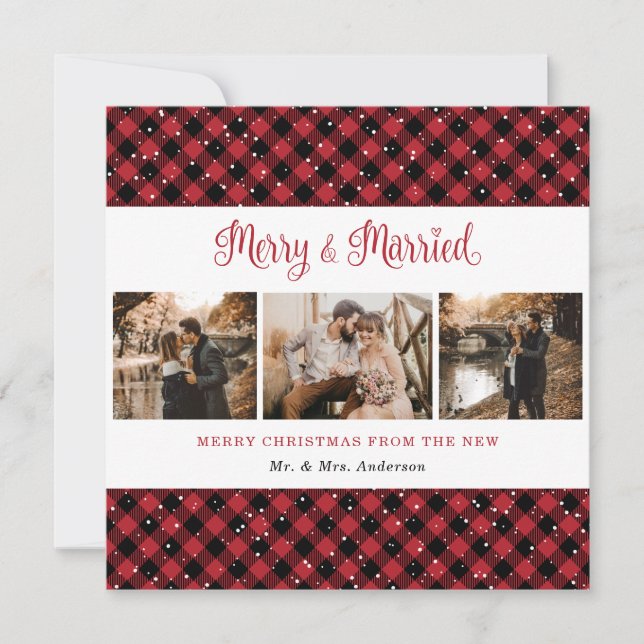Tarjeta Festiva Los Navidades de la Red Plaid Merry y casados (Anverso)